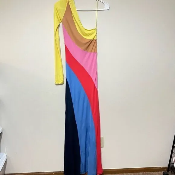 Staud Serena One Shoulder Multi Color Long Dress Medium - Picture 9 of 11